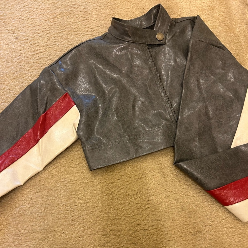 Gray Cropped Jacket with Red and White Stripes